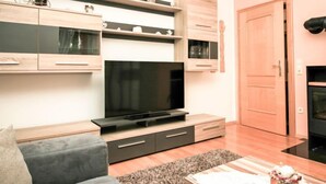 A modern living room with a flat-screen TV, wooden cabinets, a grey sofa, and a fireplace. - Apartment Poldi by Interhome (Haus)