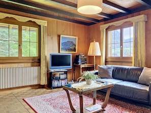 A cozy living room with a sofa, a television, a radiator, and a bookshelf.