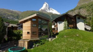 Un chalet moderne avec une façade en bois, de grandes fenêtres et une vue sur un sommet de montagne.