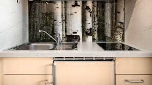 A modern kitchen with a built-in sink, a stainless steel faucet, and a backsplash with birch tree patterns. - Eifelblick (B906) by Interhome (Lahnstein (Koblenz))