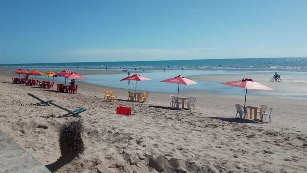 Une plage bordée de rangées de chaises longues et de parasols, avec un poste de surveillance pour les sauveteurs, et une vue dégagée sur l’océan.