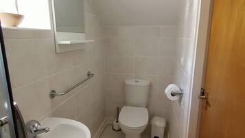 A small, white bathroom with a sink, toilet, and mirror.