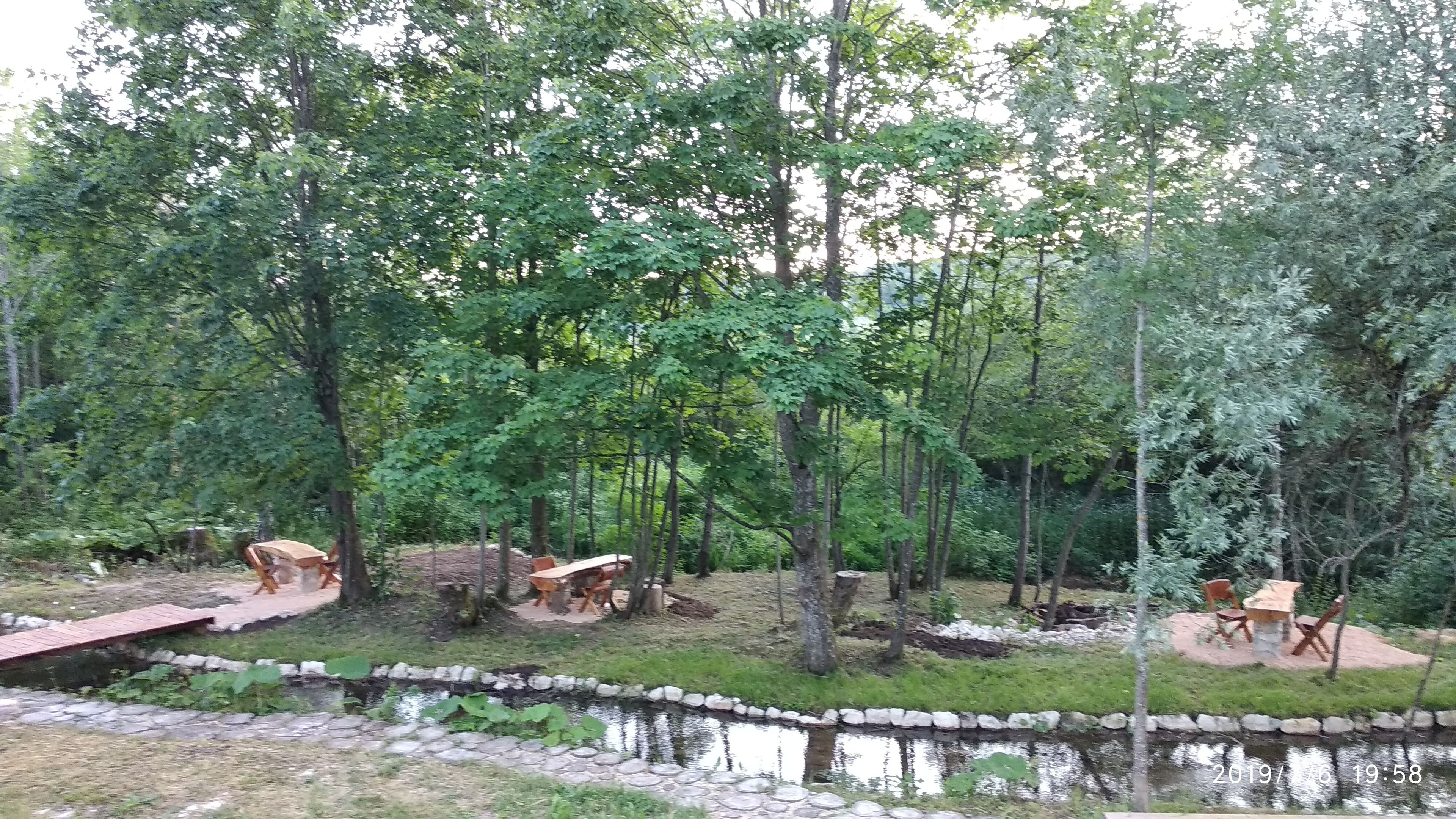 A forested area with a pond, picnic tables, and a stone pathway.