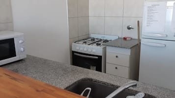Een koelkast/vriezer, een magnetron, een oven, een rijstkoker