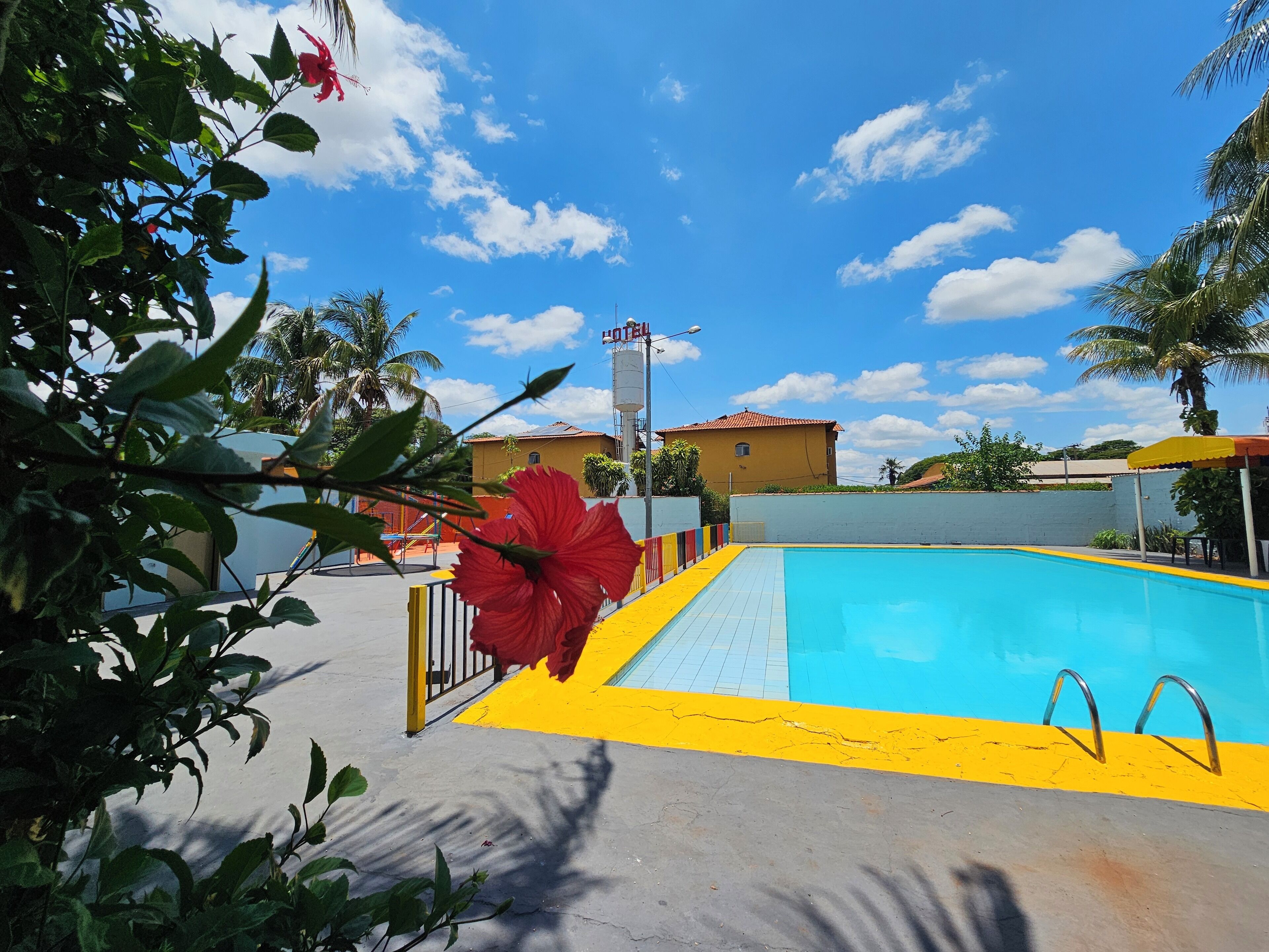 A swimming pool with yellow and blue tiles, surrounded by a concrete deck and a metal fence.