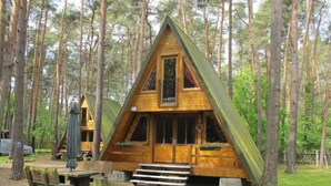Eine dreieckige Holzhütte mit Veranda, umgeben von einem Wald.