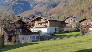 A mountain village with traditional wooden houses, a grassy foreground, and a backdrop of rugged mountains. - Oltschiblick by Interhome (Brienzwiler)