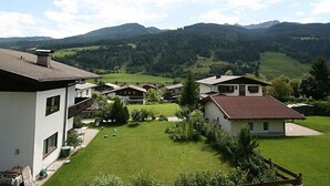 A residential area with houses surrounded by green fields and mountains in the background.