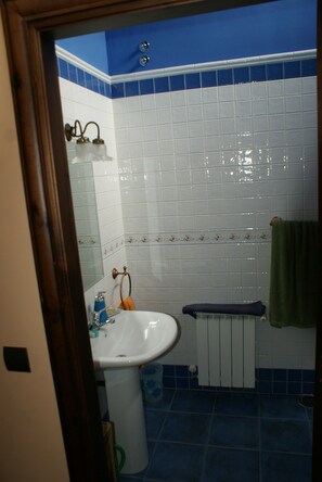 Separate bathtub and shower, towels, soap, shampoo