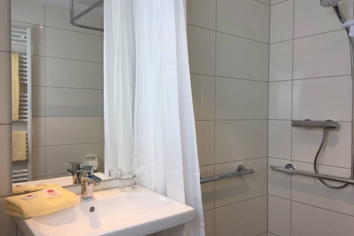 shower, free toiletries, hair dryer, towels