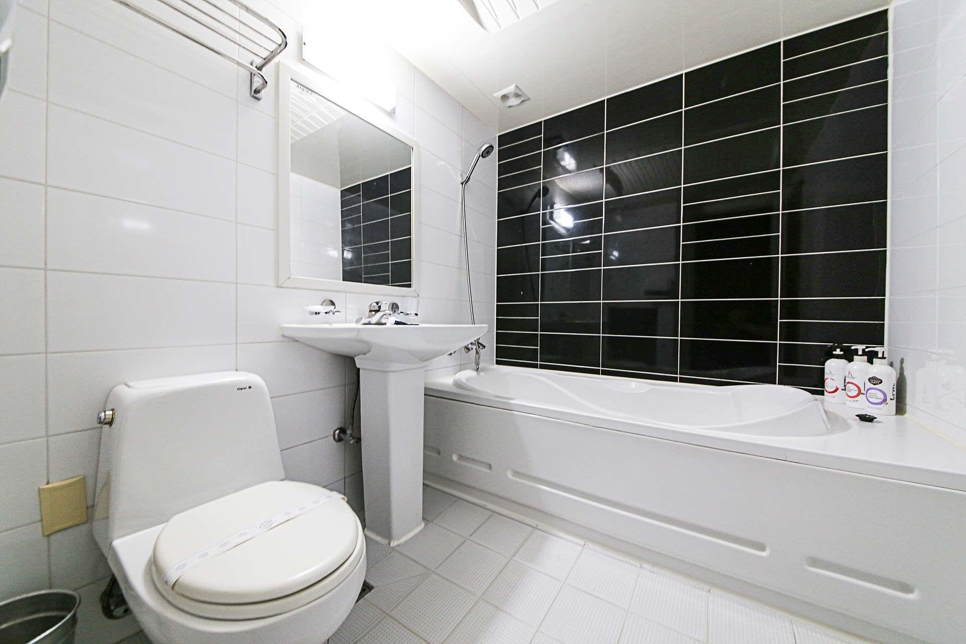 standard double room | bathroom | combined shower/bathtub, deep-soaking bathtub, free toiletries