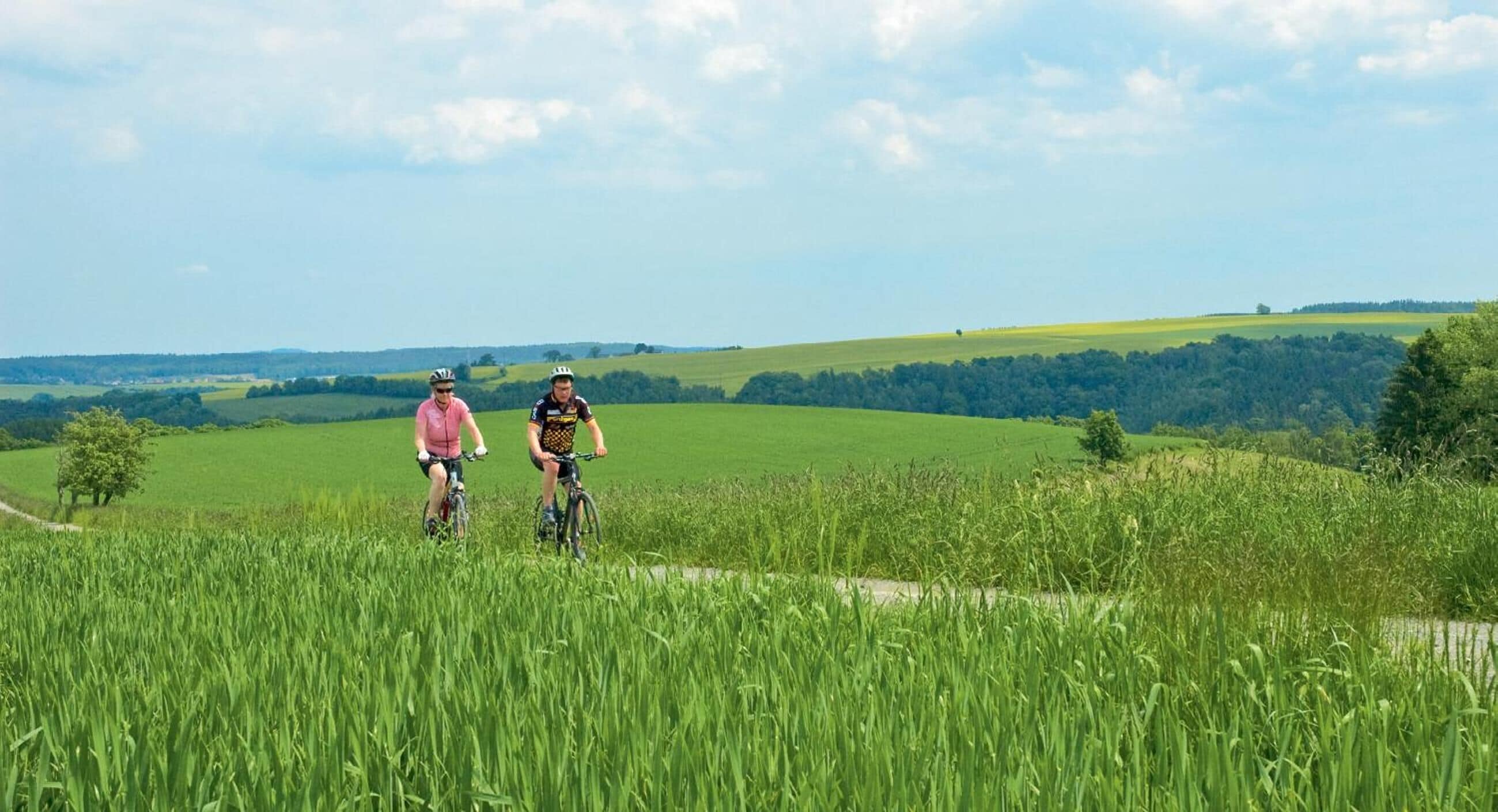 Two cyclists in a grassy field with a clear sky.