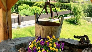 A rustic outdoor seating area with a stone fire pit, a bird sculpture, and a flower pot. - Hotel NEUE HÖHE (Klingenberg)
