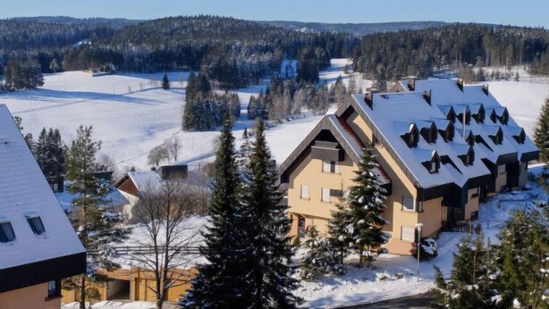 A modern building with a sloped roof, surrounded by snow-covered trees and a clear sky. - Schwarzwaldblick by Interhome (Schonach)