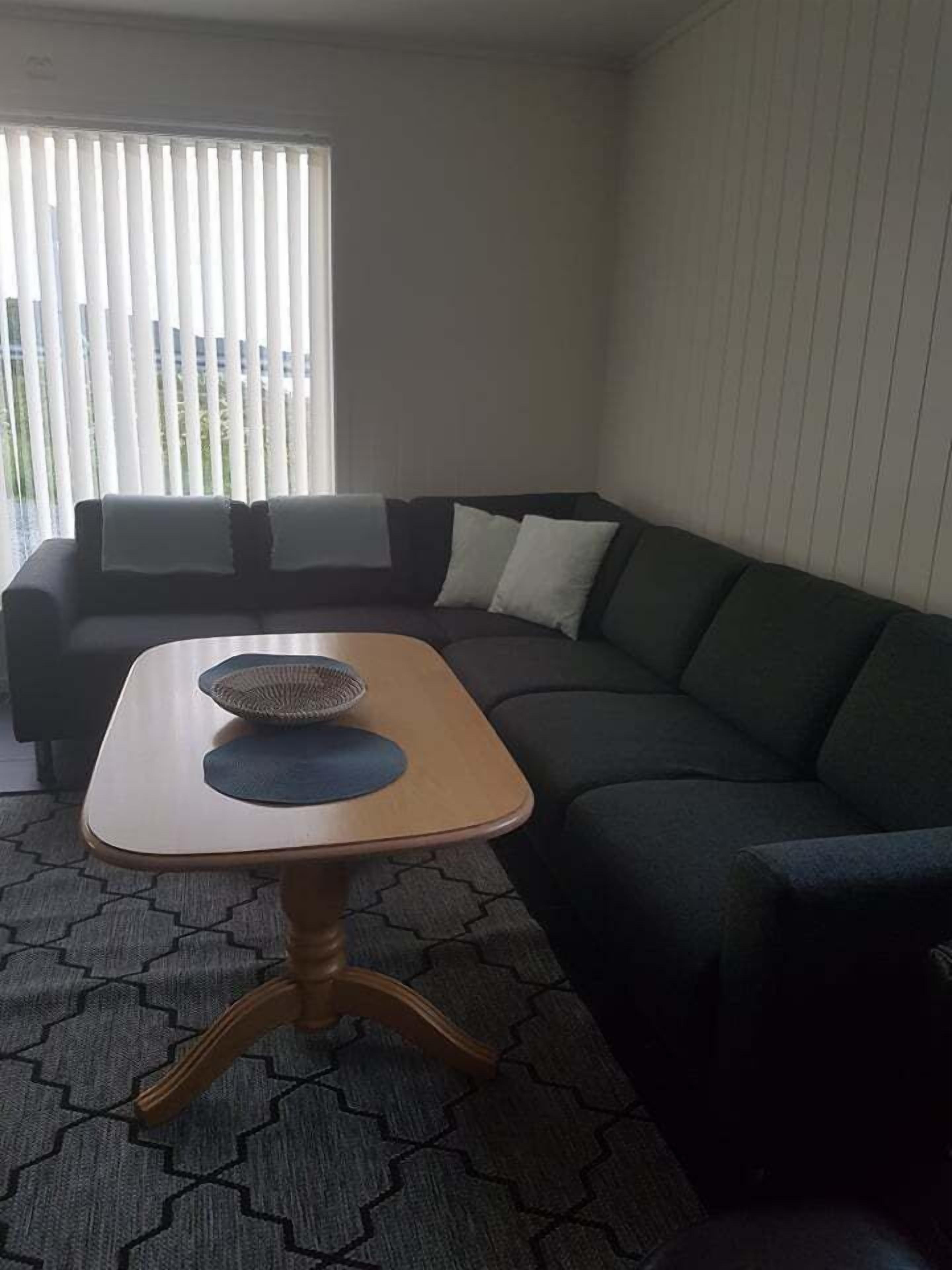 A living room with a dark green sofa, a wooden coffee table with a woven basket, and a hexagonal patterned rug.