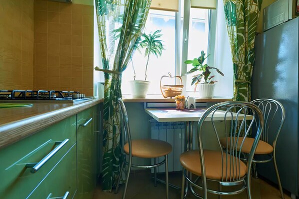 Apartment | Private kitchen | Fridge, microwave, stovetop, electric kettle