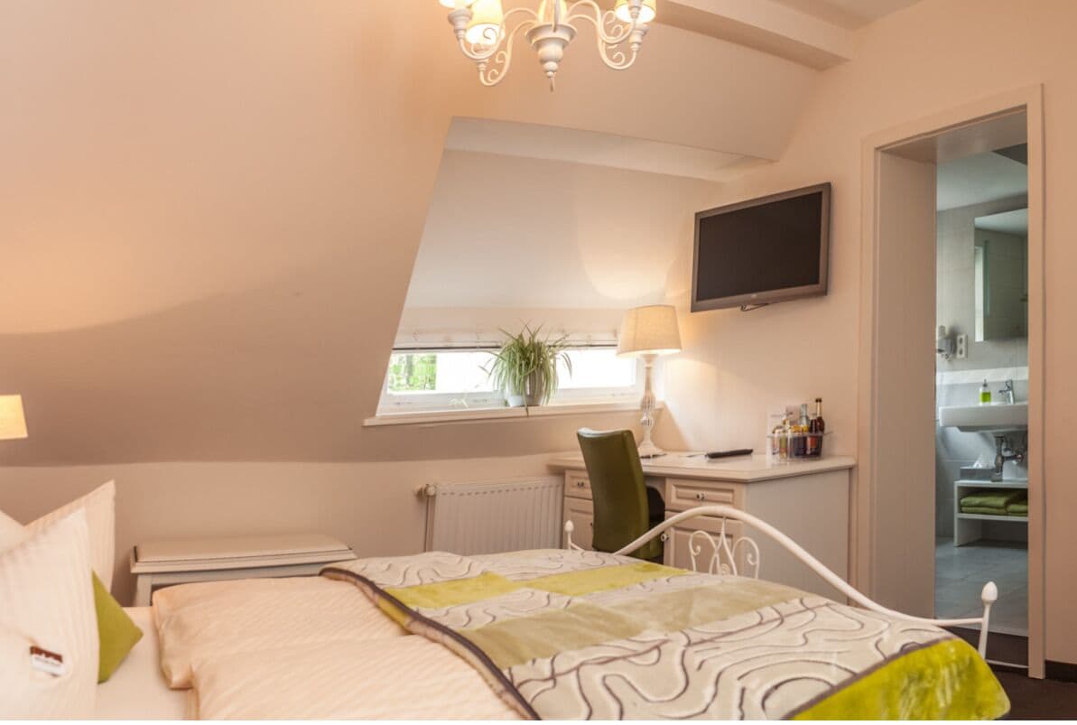 A bedroom with a bed, a desk, a chair, a TV, and a window with a plant.