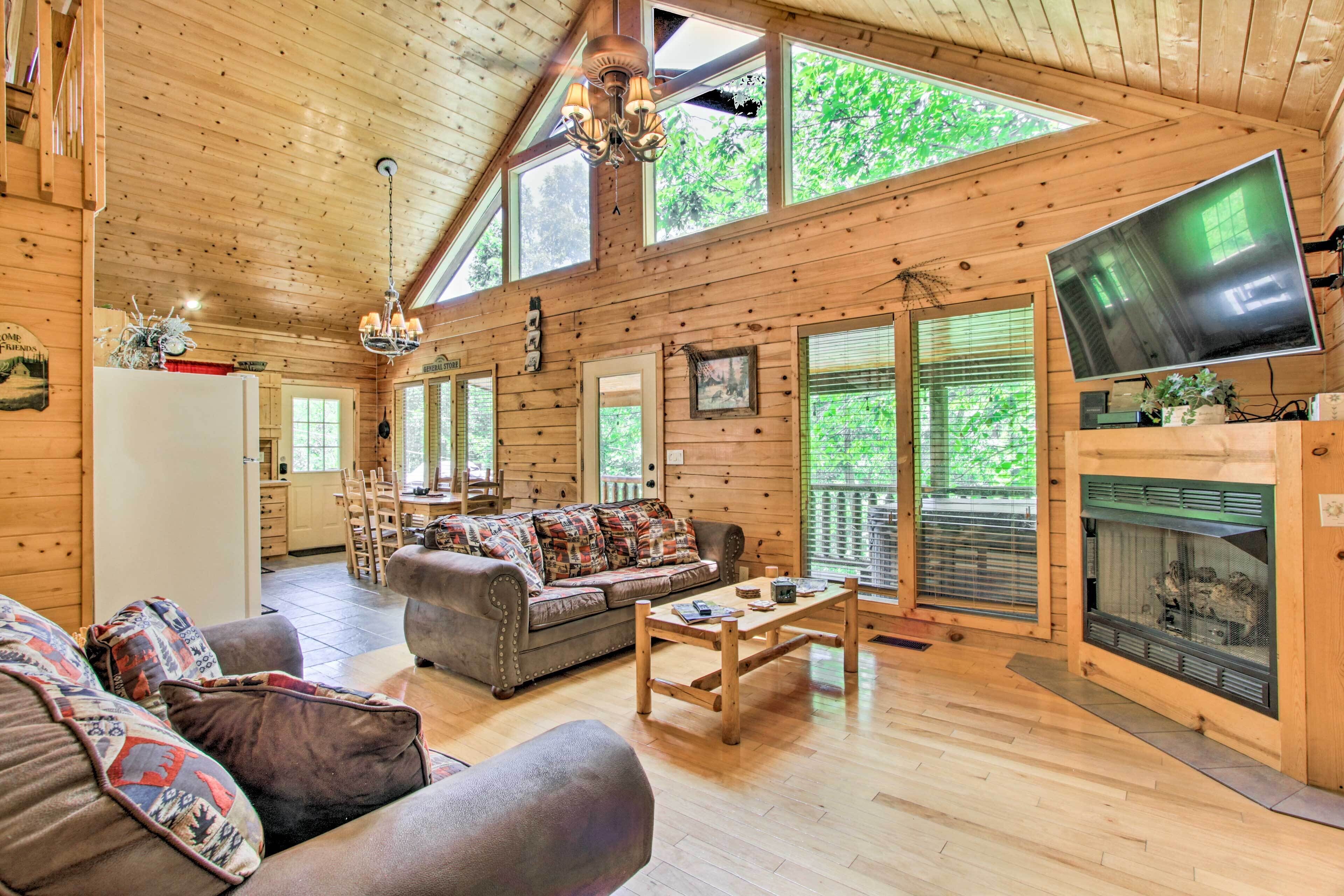TV, fireplace, books, stereo