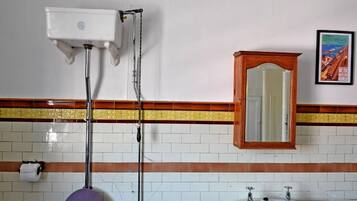 A bathroom with a toilet, bidet, sink, and a mirror.