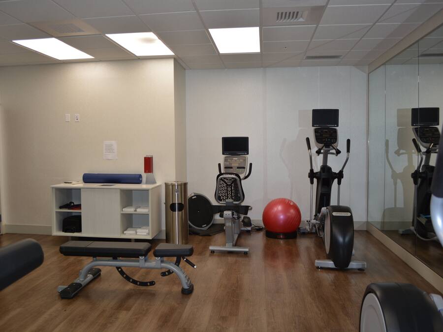 A gym with exercise equipment, a bench, a ball, and a mirror.