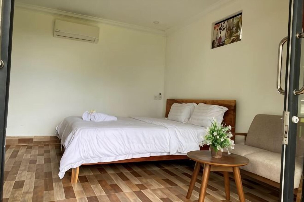 Ein Zimmer mit einem Bett, einem kleinen runden Tisch mit einer Pflanze, einem Sofa und einer Tür.