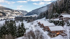 Un lodge con diverse cabine, circondato da alberi e montagne innevate.