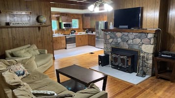 TV connectée, cheminée, lecteur de DVD, livres