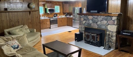 Smart TV, fireplace, DVD player, books