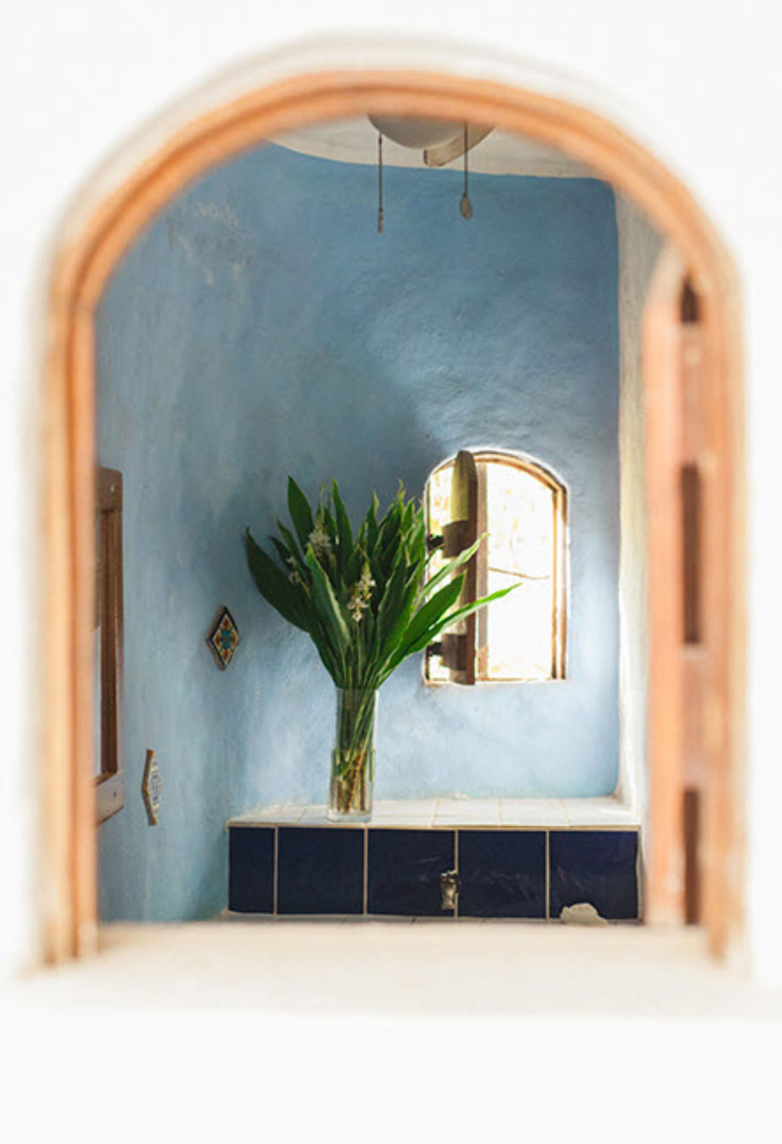 A bathroom with a blue wall, a window, a mirror, and a vase with plants.