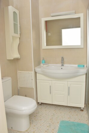 Appartement | Badkamer | Een douche, een regendouche, handdoeken, zeep