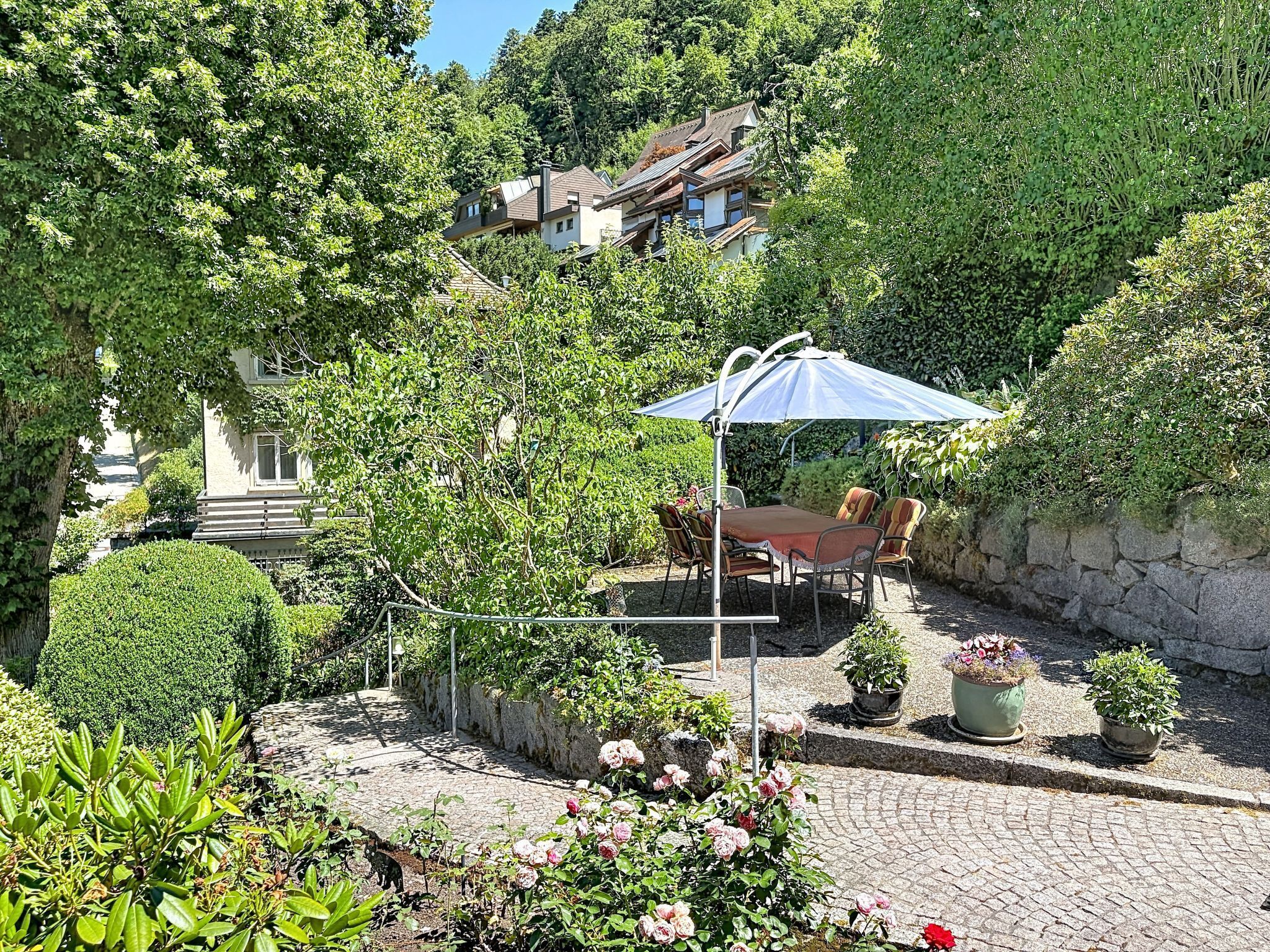 A courtyard with a stone pathway, a table with chairs, and potted plants.