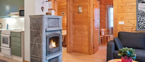 A cozy living room with a fireplace, a dining area, and a kitchen with modern appliances.