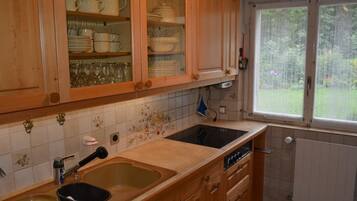 Fridge, dishwasher, cookware/dishes/utensils