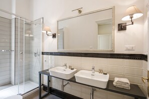 Shower, hair dryer, bidet, towels