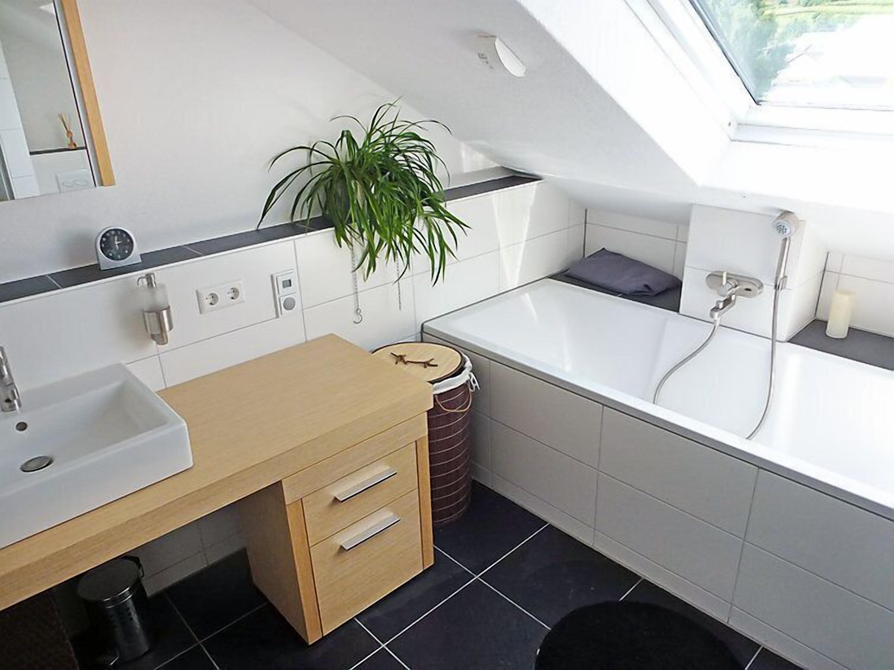 Un baño moderno con tragaluz, un lavamanos, una bañera y una planta en maceta.