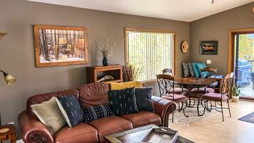 Smart TV, fireplace, books