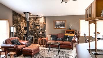 Smart TV, fireplace, books