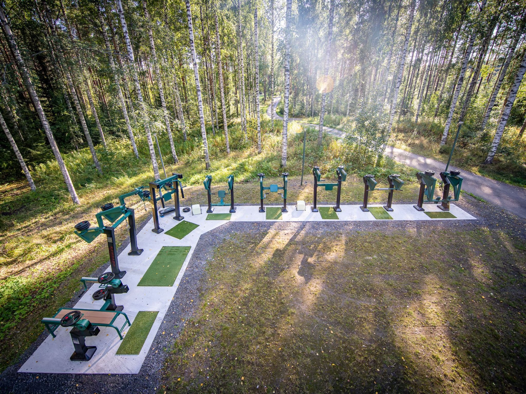 An outdoor gym area with exercise equipment, surrounded by a forest.