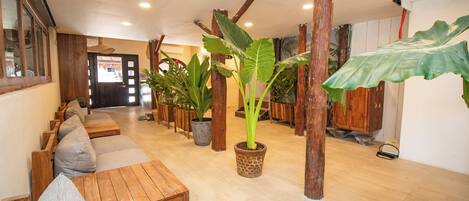 A spacious room with wooden furniture, large potted plants, and a wooden door.