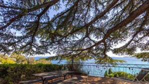 A picnic area with benches and a railing overlooking a body of water.