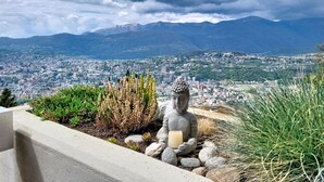 Una estatua de una figura sentada con una vela, rodeada de plantas y rocas, con vistas a un paisaje urbano y montañas al fondo.