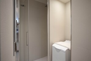 Shower, hair dryer, bidet, towels