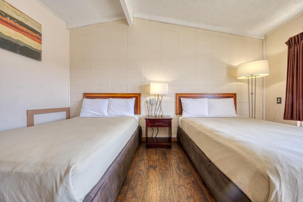 A hotel room with two beds, a nightstand, a lamp, and a painting on the wall.