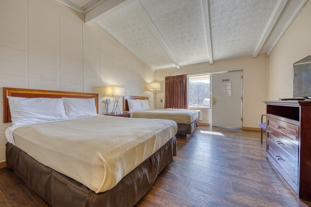 Hotellihuone, jossa on kaksi sänkyä, puulattia, lipasto ja televisio.