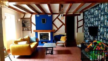 Télévision, cheminée, livres