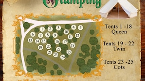Ein Campingplatzplan mit nummerierten Zelten und beschrifteten Zelttypen: Queen, Twin und Feldbett.