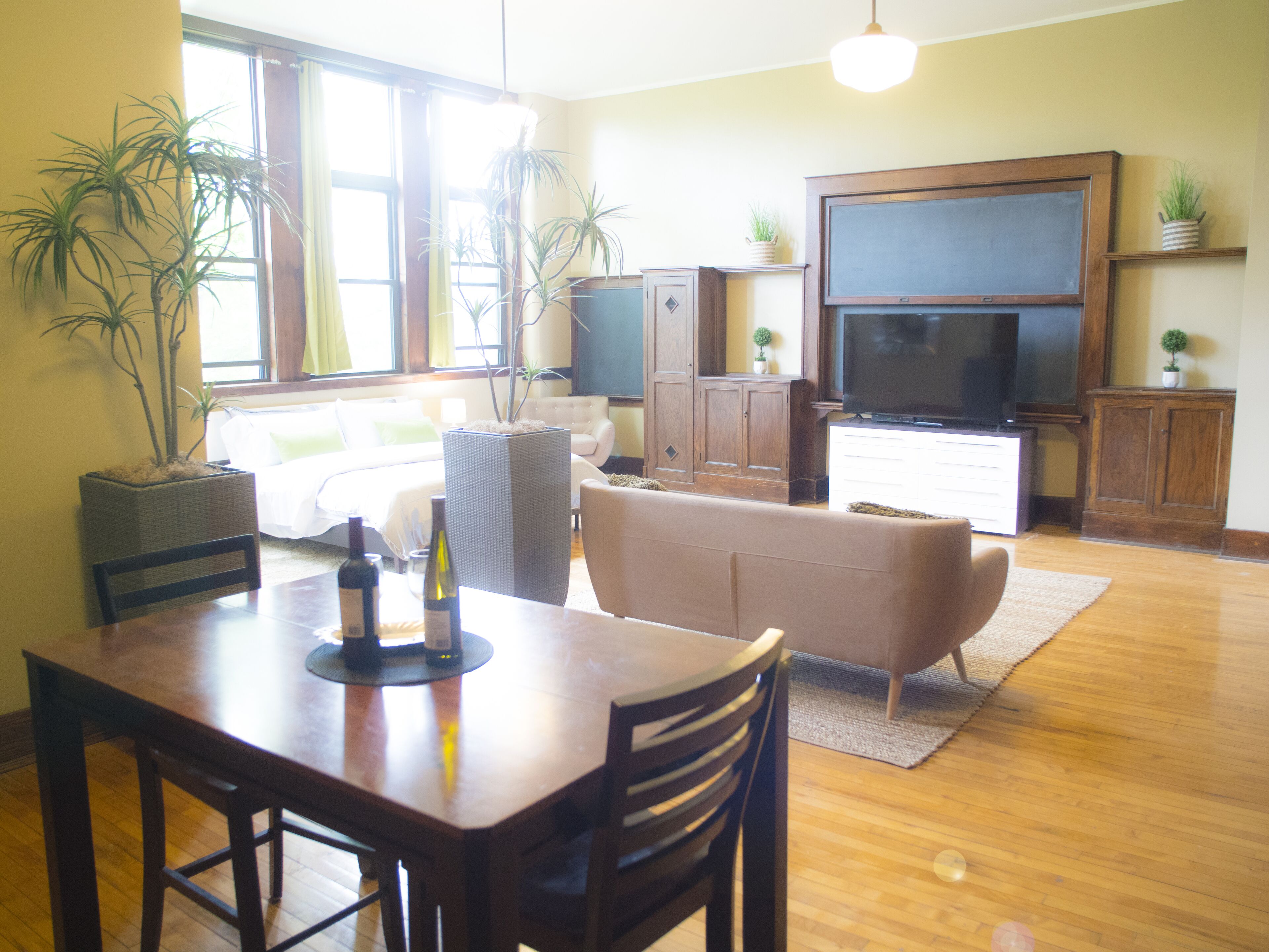 A living room with a dining table, chairs, a sofa, a TV, and potted plants.