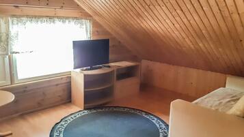 Pieni, viihtyisä ullakkohuone, jossa on televisio puisen jalustan päällä, pyöreä matto ja valkoinen sohva.