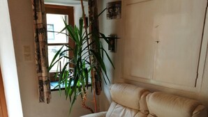A beige leather sofa in a room with a tiled floor, a blue mat, a large green plant, and a window with patterned curtains.