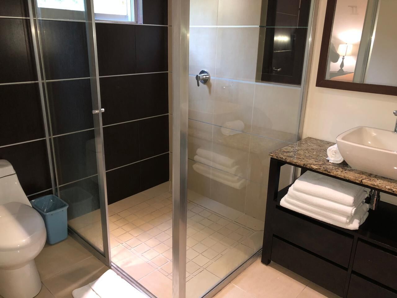 Een moderne badkamer met een glazen douchecabine, een witte wastafel en een donkere badkamerkast.